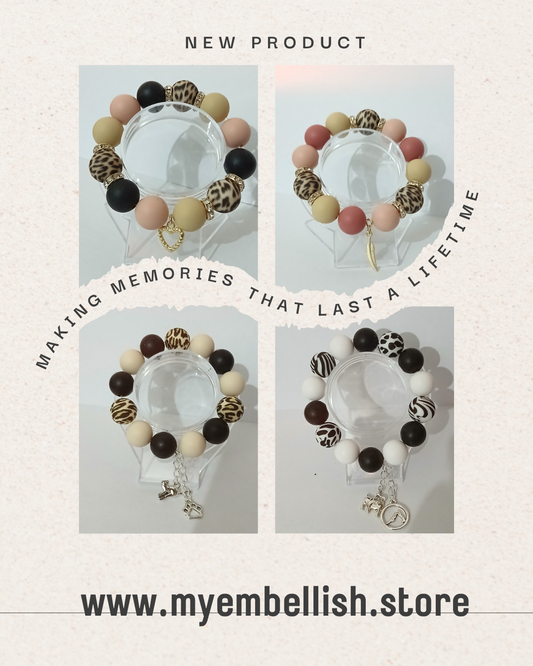 Handmade Elastic Rubber Bracelets with Printed Beads &amp; Charms.